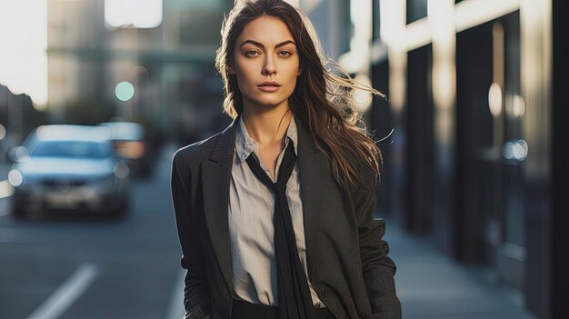 A woman walks down a street wearing a black blazer and a black shirt.