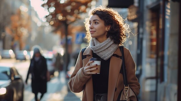 Photo a woman walks down a street with a cup of coffee