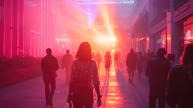 a woman walks down a street with a red light in the background