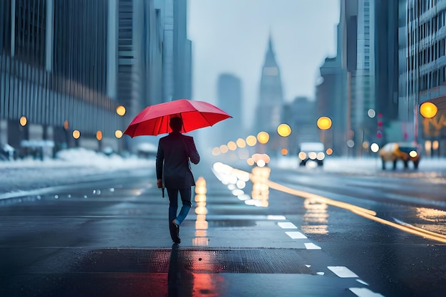 Женщина идет по улице с зонтиком под дождем.