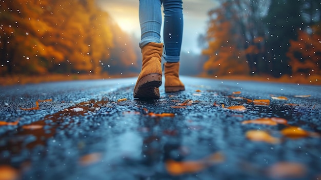 a woman walks down a wet road in the rain