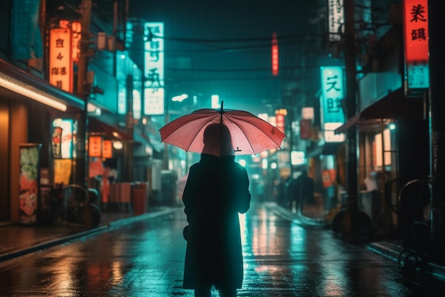 A woman walks down a wet street with an umbrella.