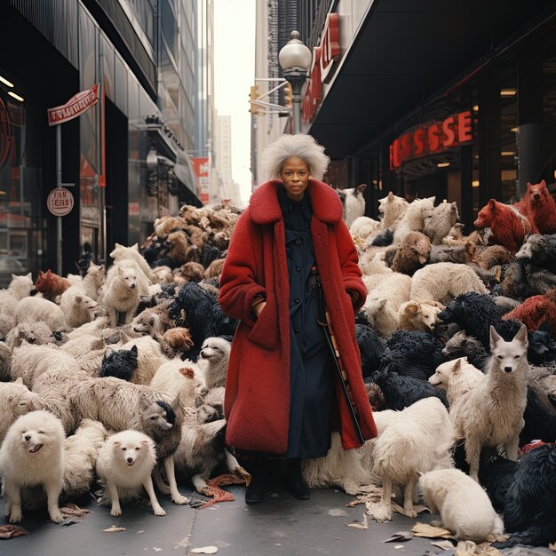 Photo a woman walks in front of a large crowd of dogs