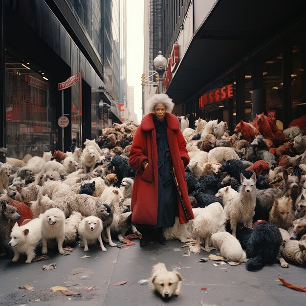 Photo a woman walks in front of a store with many dogs