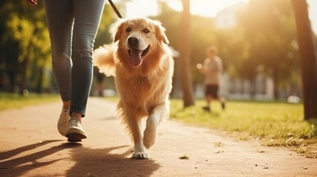 Photo a woman walks her dog on a leash