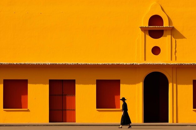 Photo a woman walks past a building with a woman in a hat and a hat