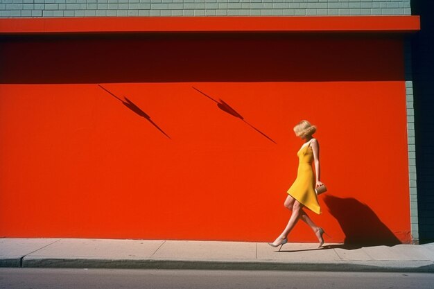 A woman walks past a red garage door