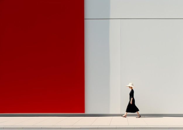 A woman walks past a red wall that is a white wall.