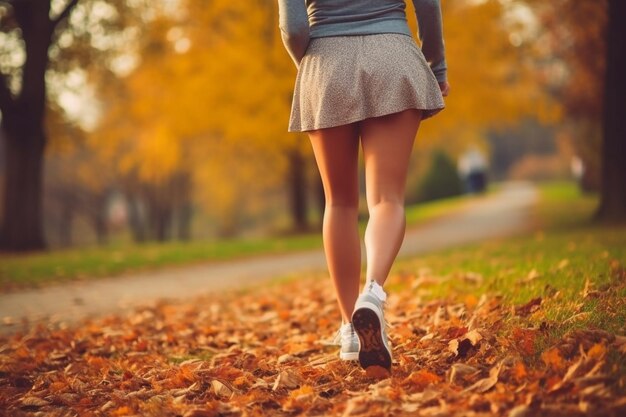 A woman walks on a path with autumn leaves on the ground