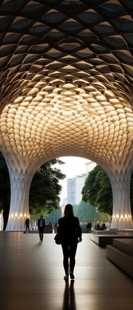 a woman walks under a pergola made of bamboo