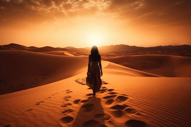 A woman walks on the sand in the desert at sunset Generative ai