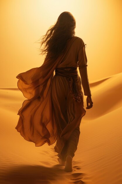 한 여성이 해가 지는 동안 사막의 모래를 고 있습니다.