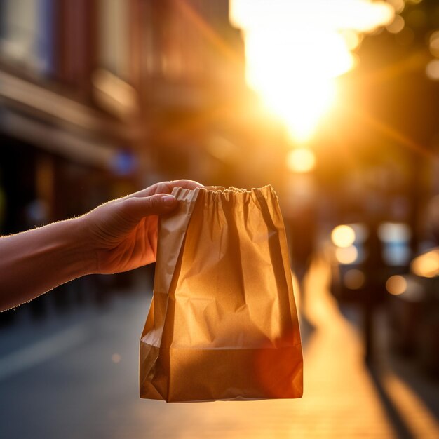 Photo woman walks on street and carrying reusable mesh bag after shopping city life