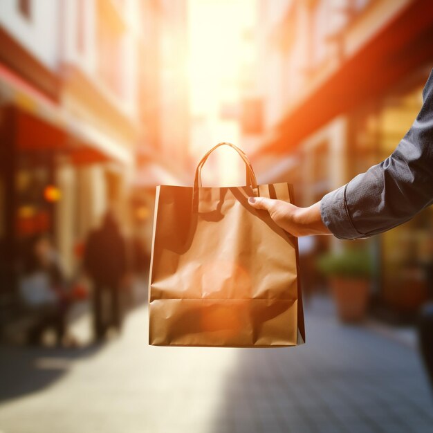 Photo woman walks on street and carrying reusable mesh bag after shopping city life