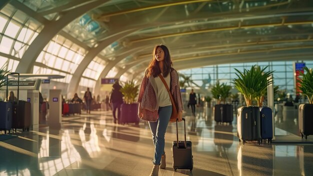 A woman walks through an airport with a suitcase.