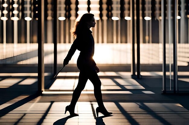 A woman walks through a building with a cane in her hand.