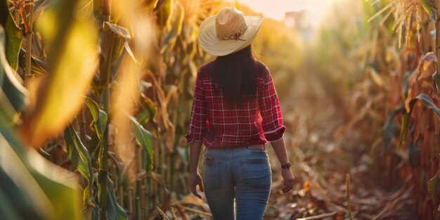 Photo a woman walks through a corn field with her hands in the pockets