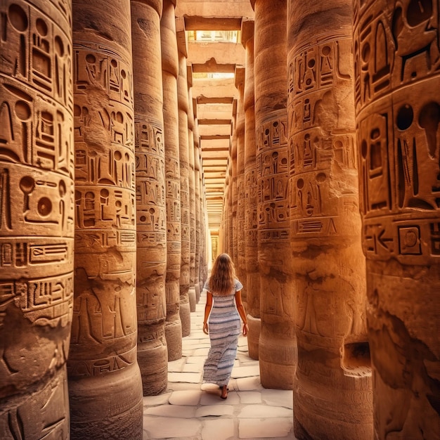 a woman walks through a corridor with the columns of the temple of the gods