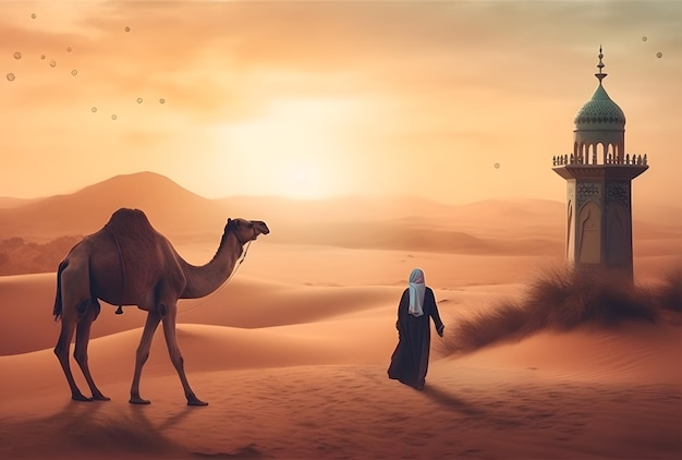 A woman walks through the desert with a camel