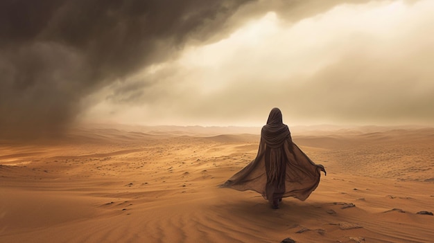 A woman walks through the desert with a cape on her head.