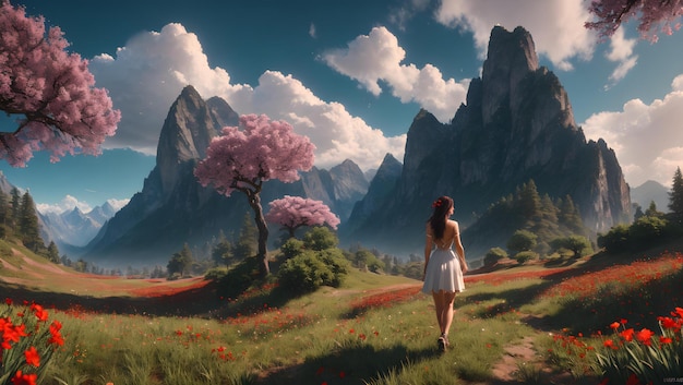 A woman walks through a field of flowers with a pink flower in the foreground.