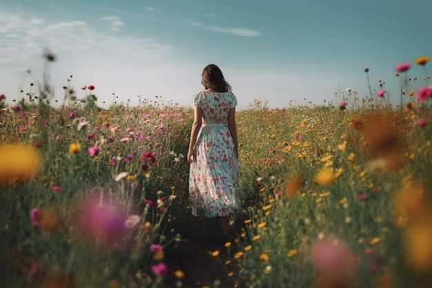 A woman walks through a field of flowers