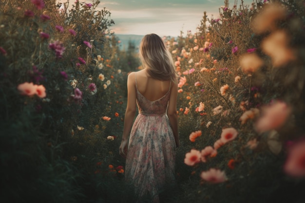 A woman walks through a field of flowers