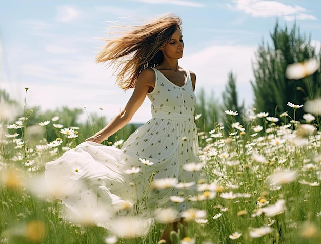 a woman walks through a field full of daisies in the style of dance