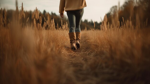 背の高い草の野原を女性が歩いています。