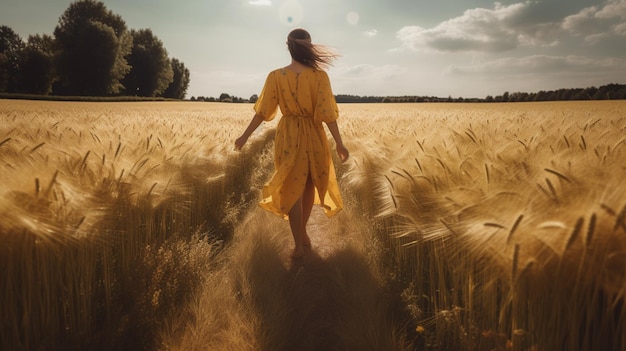 A woman walks through a field of wheat.