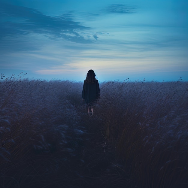 Photo a woman walks through a field with a sky background