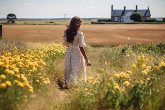 A woman walks through a field of yellow flowers.