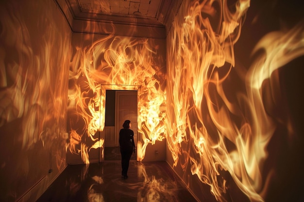 Foto una donna cammina attraverso un fuoco in una stanza con fiamme che bruciano sullo sfondo