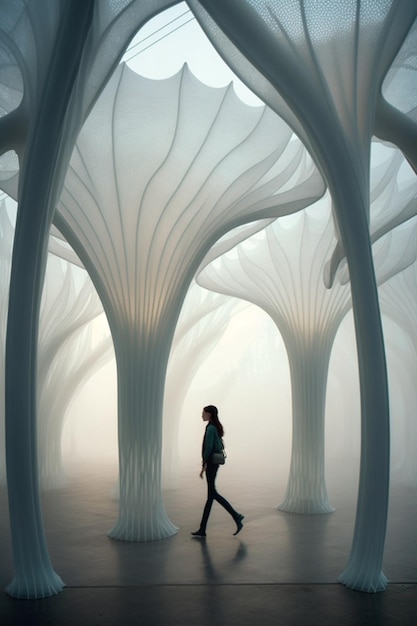 A woman walks through a forest of trees