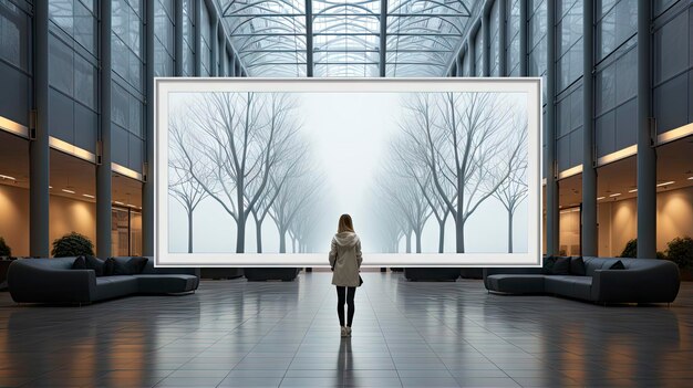 Photo a woman walks through a large room with a large window and a large white frame.