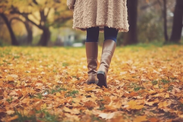 A woman walks through a park with autumn leaves on the ground.