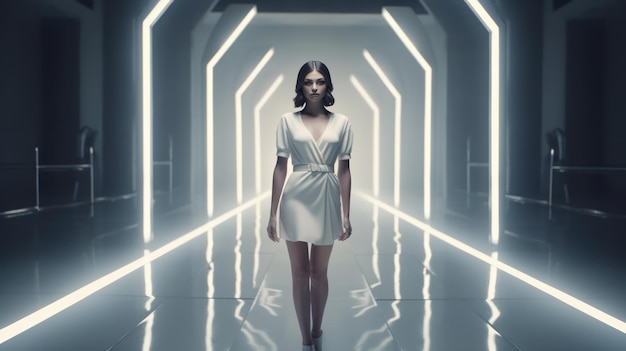 A woman walks through a tunnel with a white dress that says h.