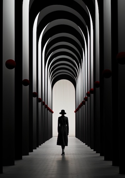 한 여인이 모자와 모자를 입은 남자와 함께 터널을 고 있다.