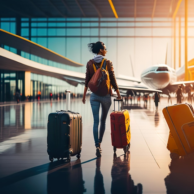 한 여성이 비행기를 배경으로 공항에서 여행 가방 두 개를 들고 걸어갑니다.