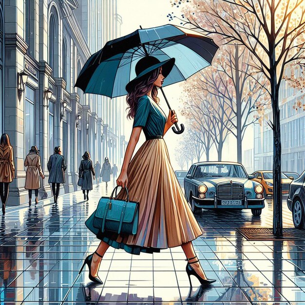 woman walks with an umbrella on the sidewalk of a busy street