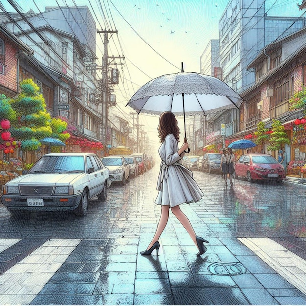 woman walks with an umbrella on the sidewalk of a busy street