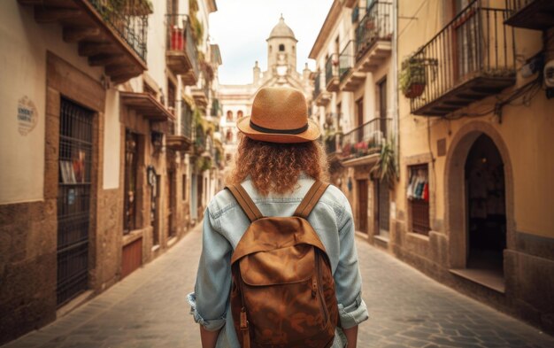 Woman wandering through narrow city streets backpack in tow