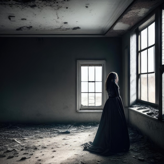 woman wanders in an abandoned