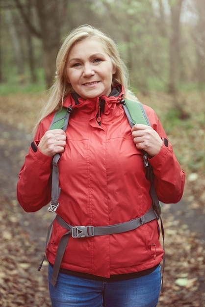 Woman in warm red jacket