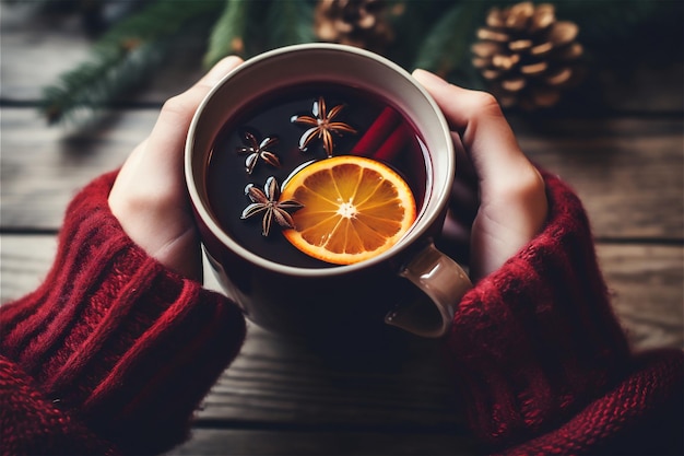 Photo woman in a warm sweater is holding in her hands a cup of aromatic hot mulled wine