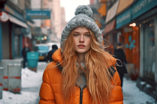 Woman warm winter clothes in city