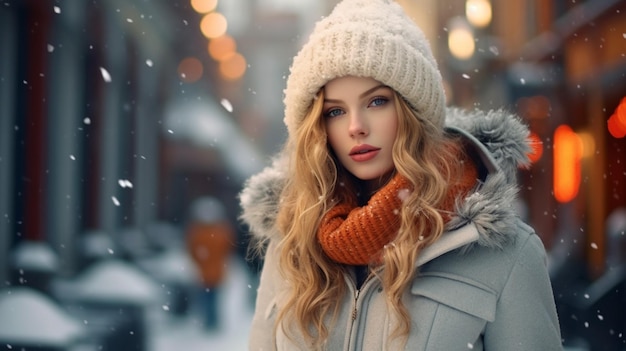 Woman warm winter clothes in city