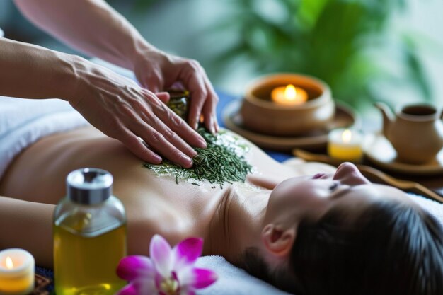 Photo a woman was getting a back massage with some green tea products