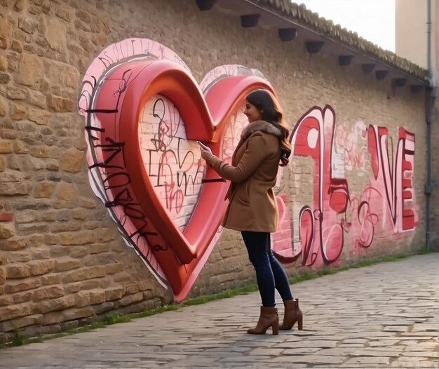 A woman was standing next to a wall that had Valentine written on it