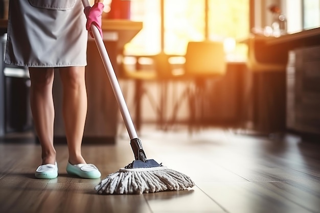 Woman washing floor with mop Cleaning service